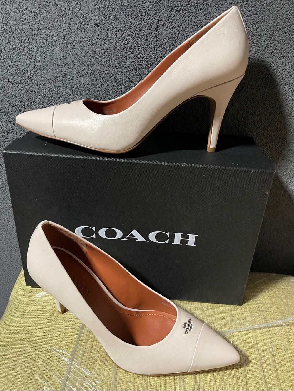 Coach Cream Pointed-Toe Leather Heel Pumps